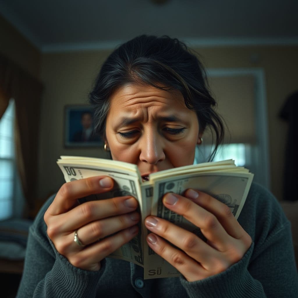 A frustrated parent looking at a pile of bills.