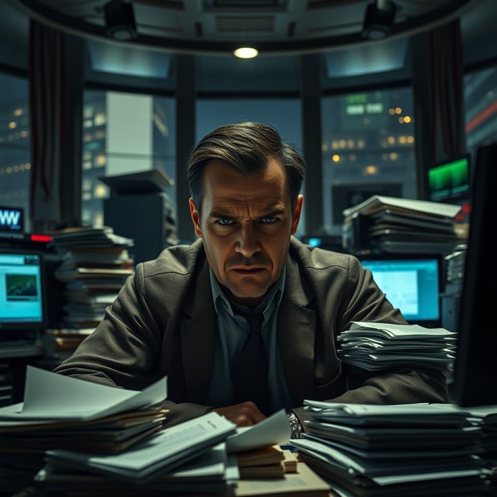 An entrepreneur overwhelmed by financial documents and debt.