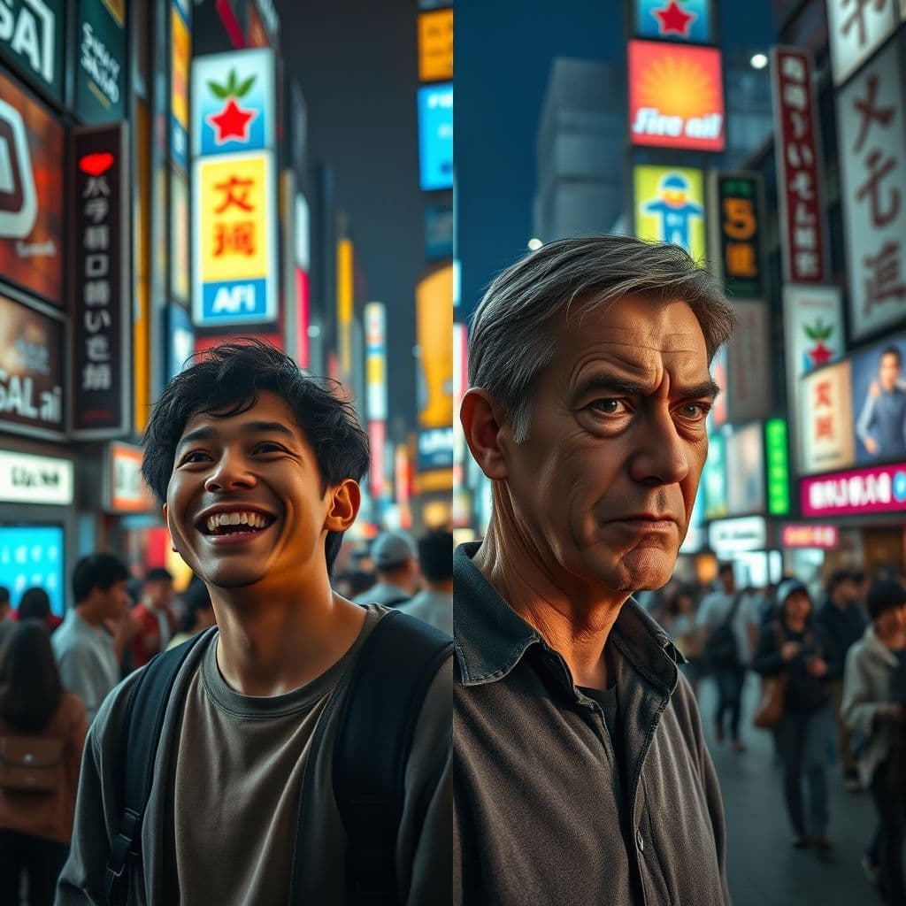 Side-by-side comparison of happy user with old AI voice and frustrated user with new AI voice.