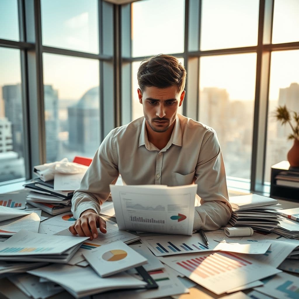 A person overwhelmed by financial documents and charts.