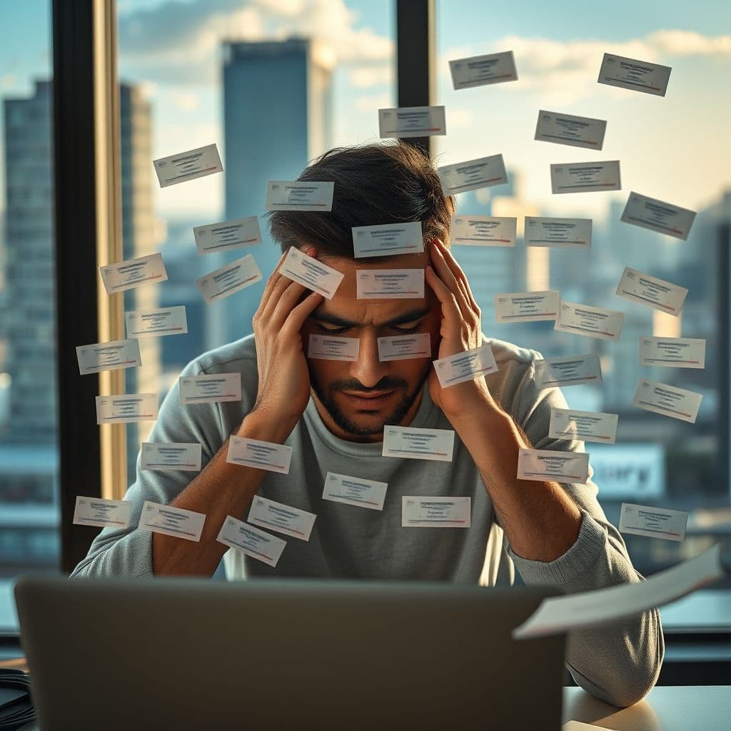 Frustrated marketer staring at a cluttered inbox with spam warnings.