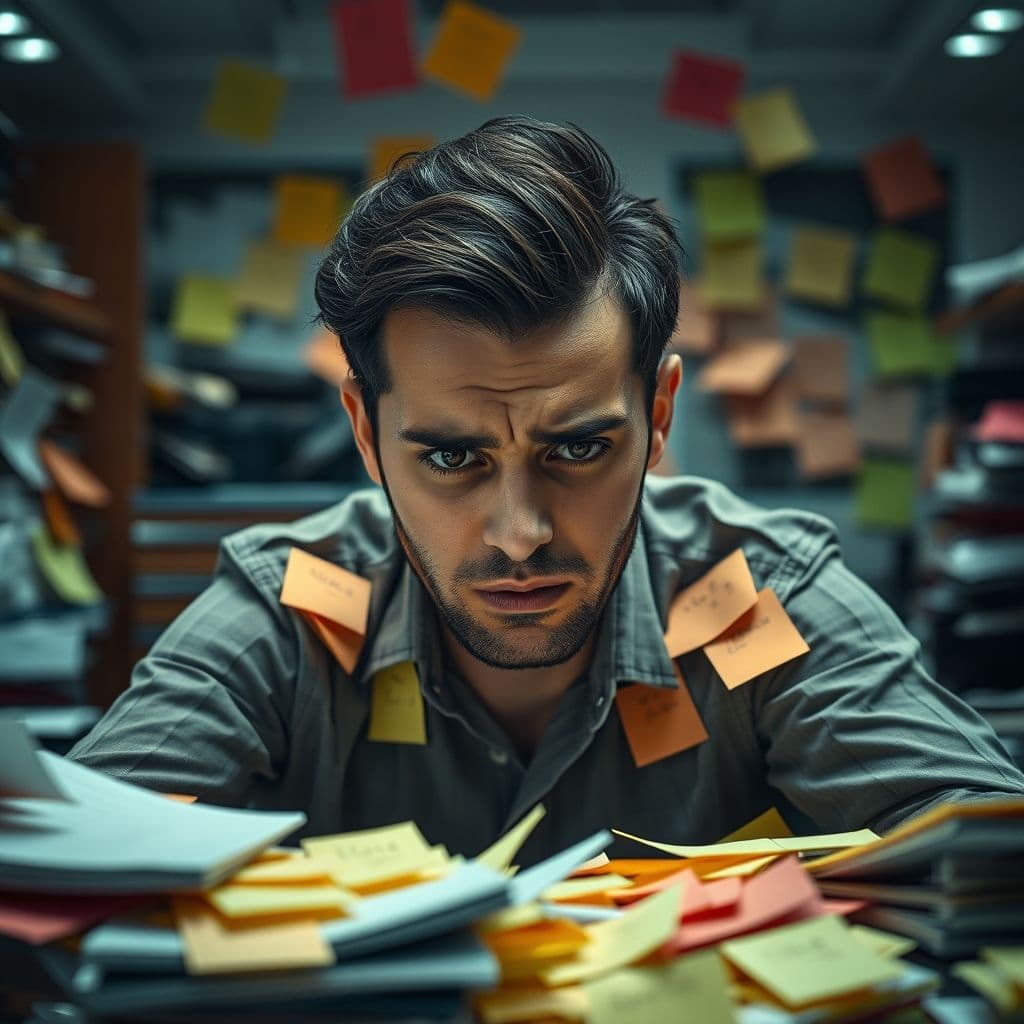A frustrated professional overwhelmed by disorganized productivity methods.