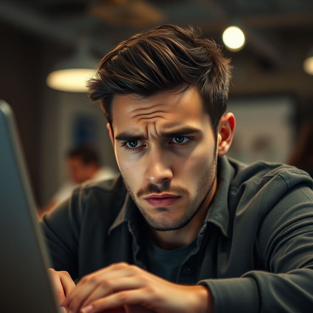 Frustrated learner struggling with digital marketing course on laptop.