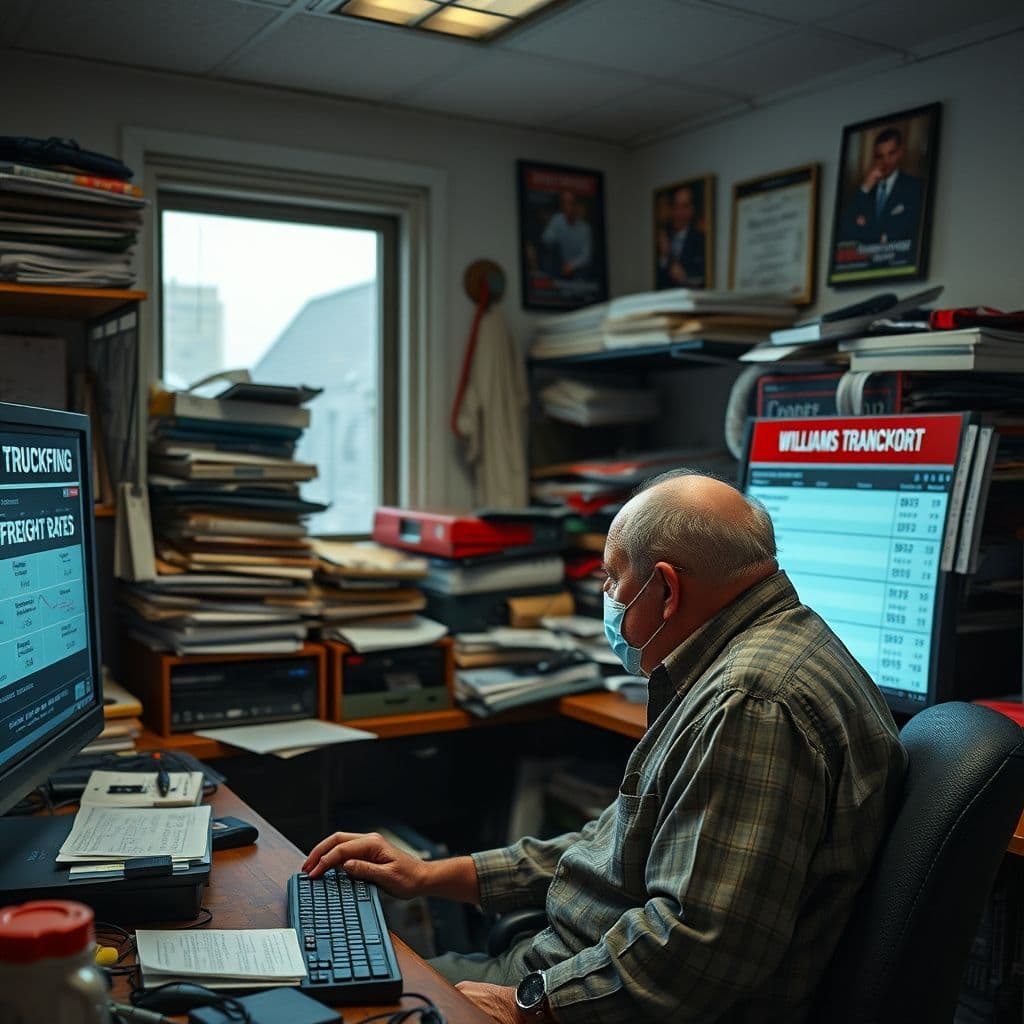 A trucking company owner staring at a screen showing low freight rates.