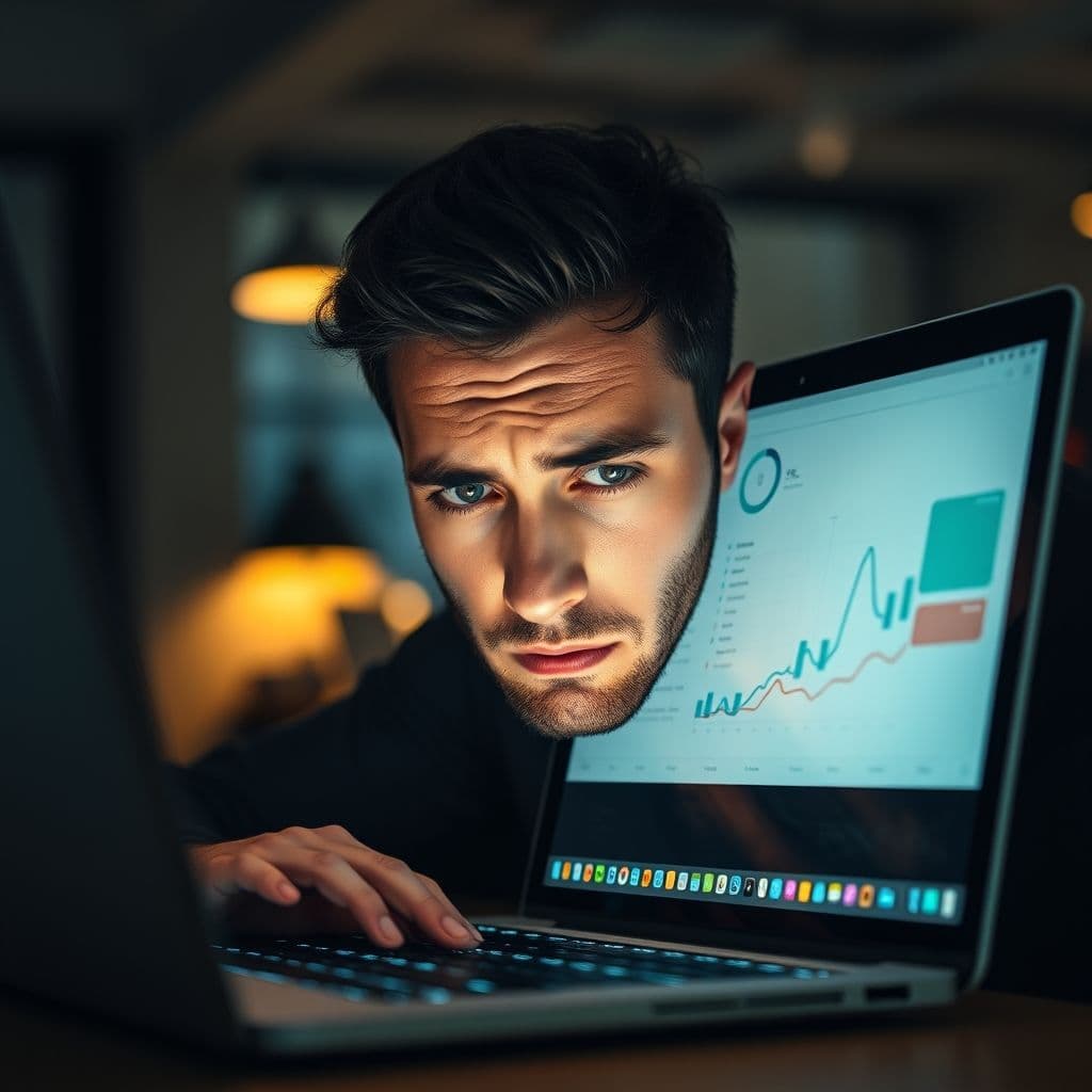 A frustrated beginner struggling with digital marketing concepts on a laptop.