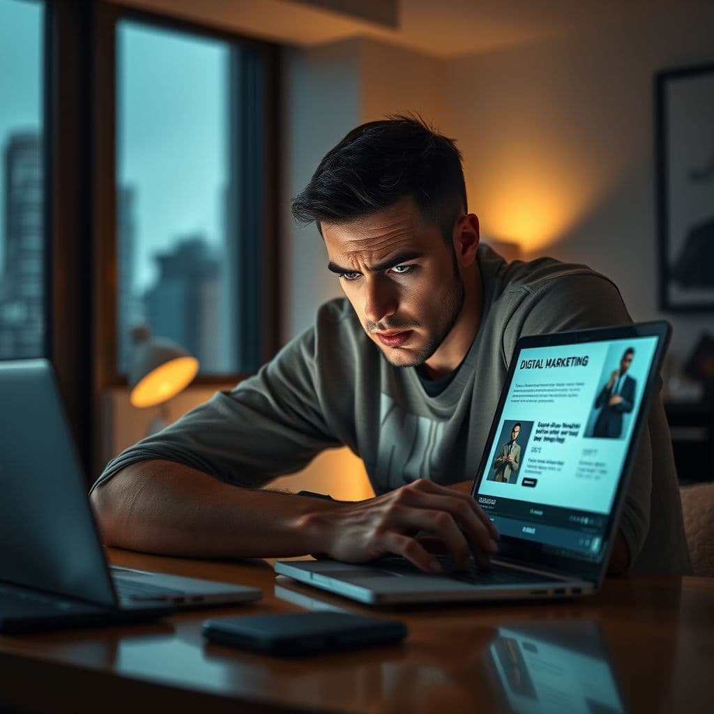 Frustrated user researching digital marketing courses online.