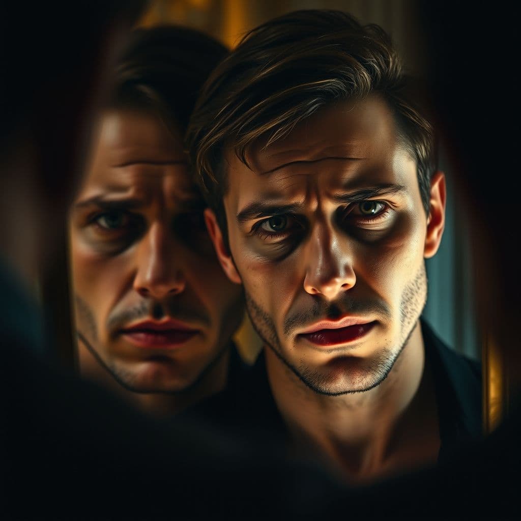 A person looking at their reflection in a mirror, visibly stressed and exhausted.