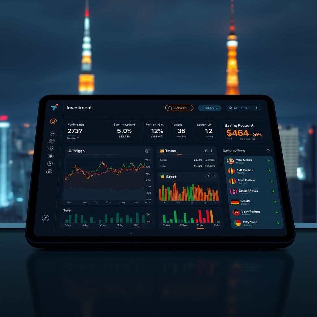A futuristic investment dashboard showing various financial metrics and recommendations.