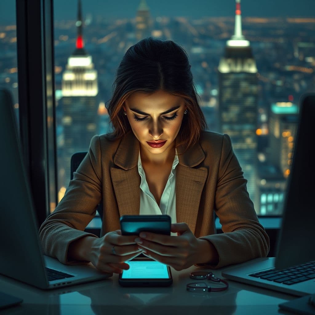 A stressed small business owner looking at her phone with multiple notifications.