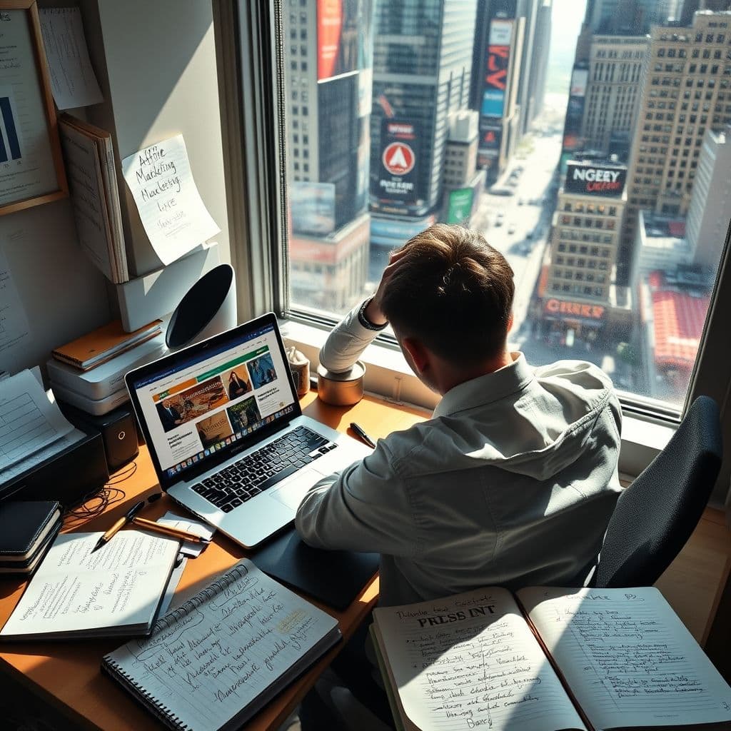 A cluttered desk with multiple open tabs about affiliate marketing strategies.