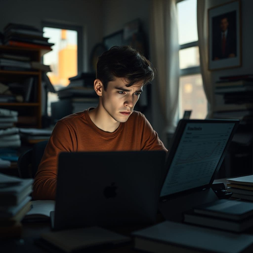A frustrated young adult looking at a confusing financial statement.