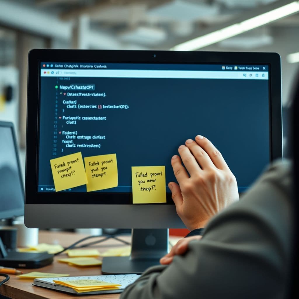 Professional staring at a computer screen with a confused expression, surrounded by sticky notes.