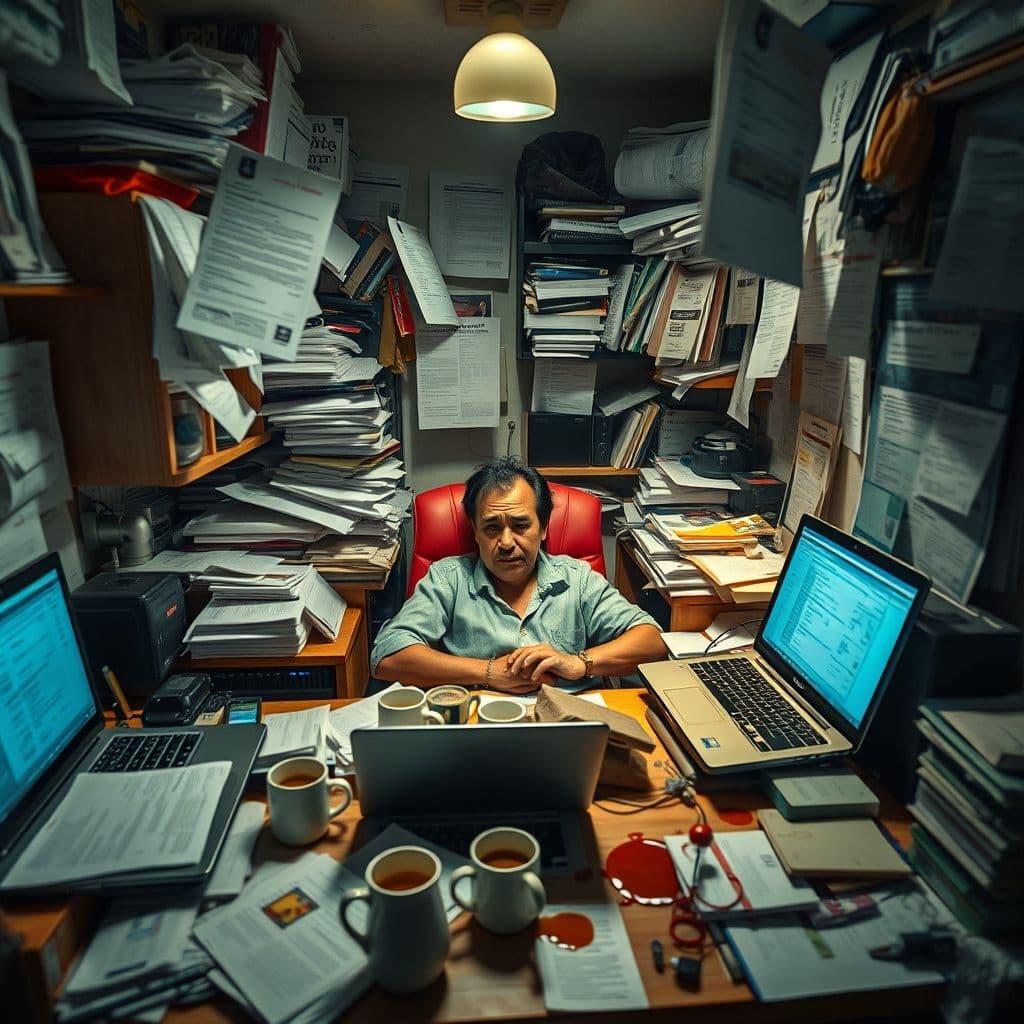 Overwhelmed job seeker surrounded by multiple job postings.