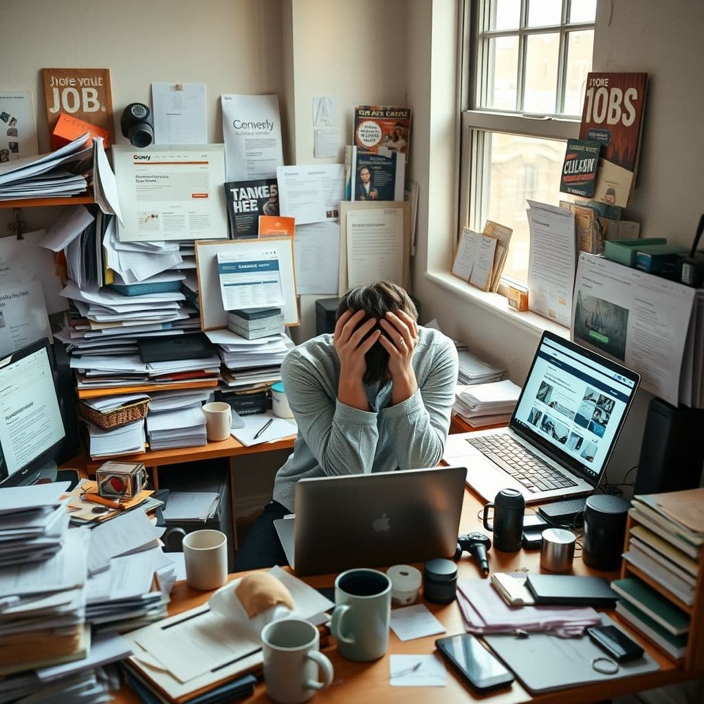 A person looking overwhelmed by multiple browser tabs with job search websites.