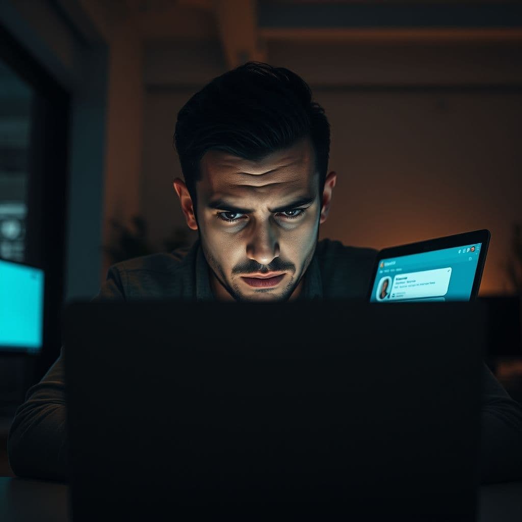 Frustrated user struggling with AI limitations while working on a laptop.