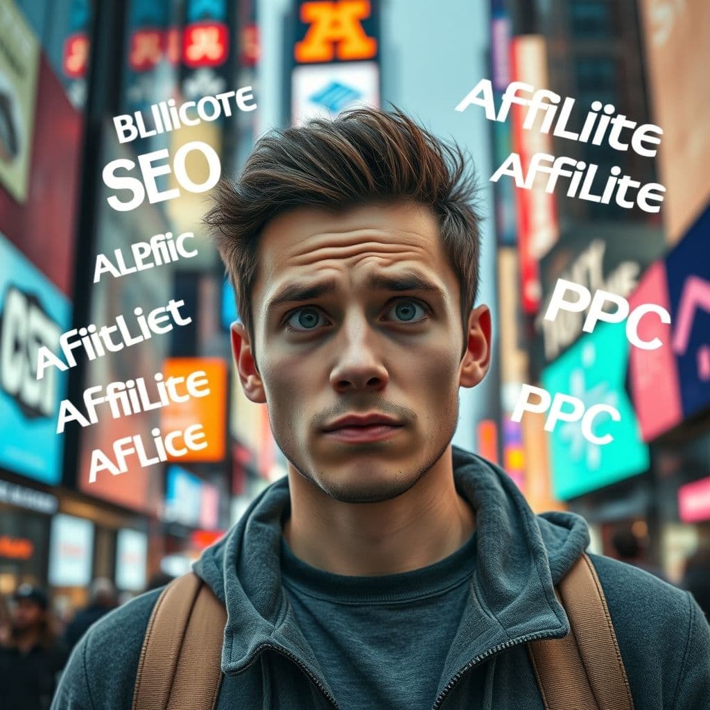 A confused beginner surrounded by overwhelming digital marketing terms.