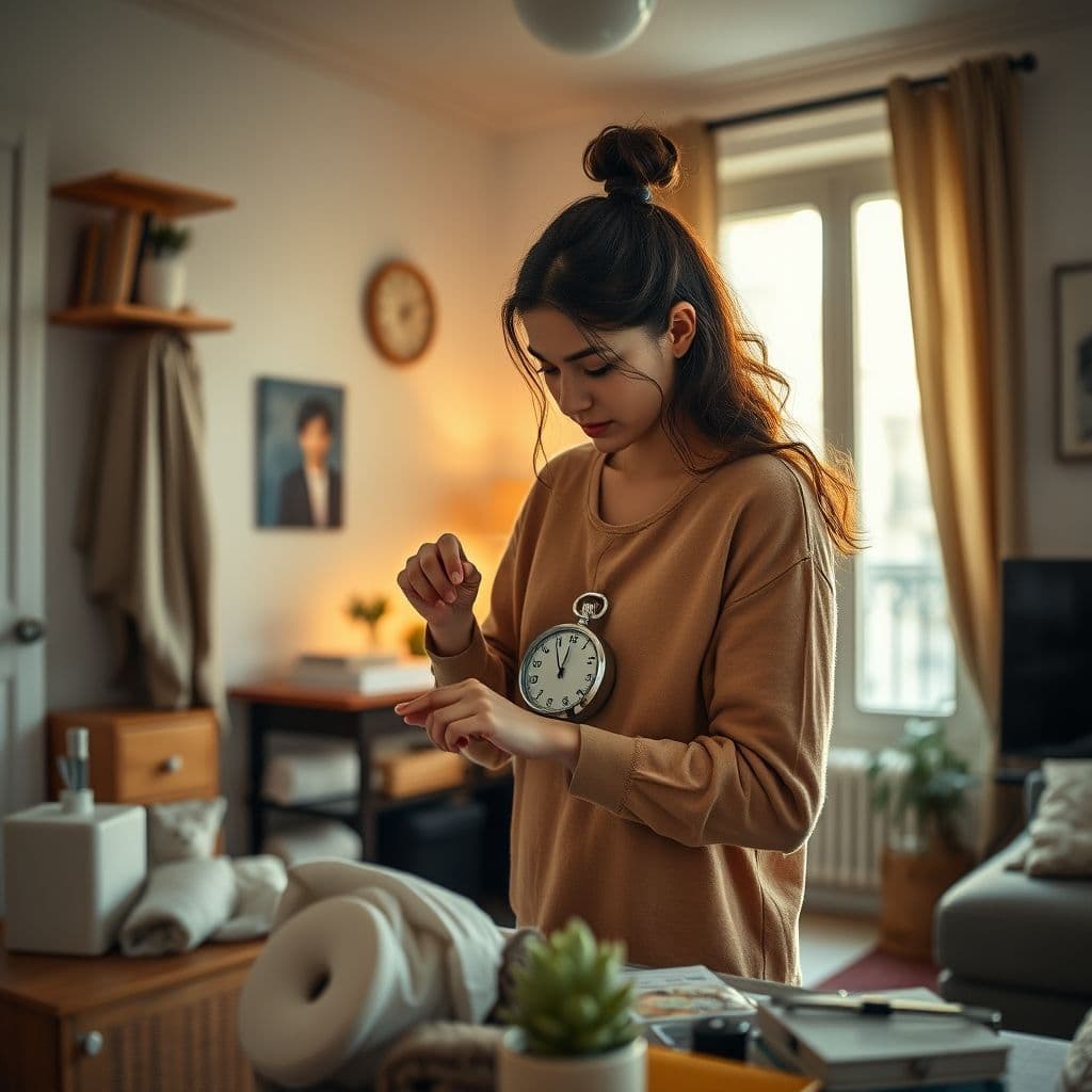 A person using a timer while cleaning their home, looking motivated and focused.