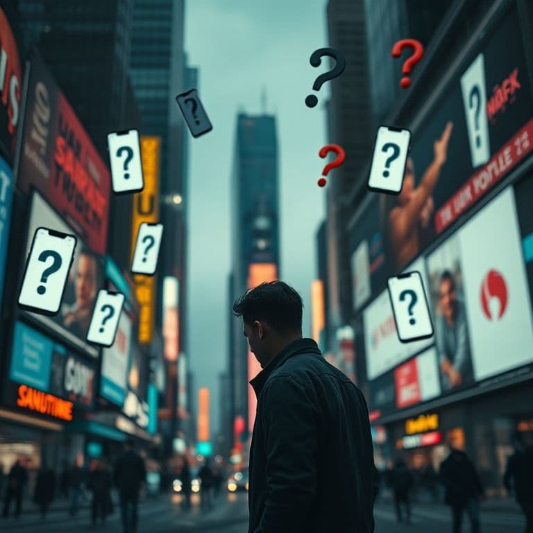 Visualization of a beginner investor feeling overwhelmed by financial apps and terminology.