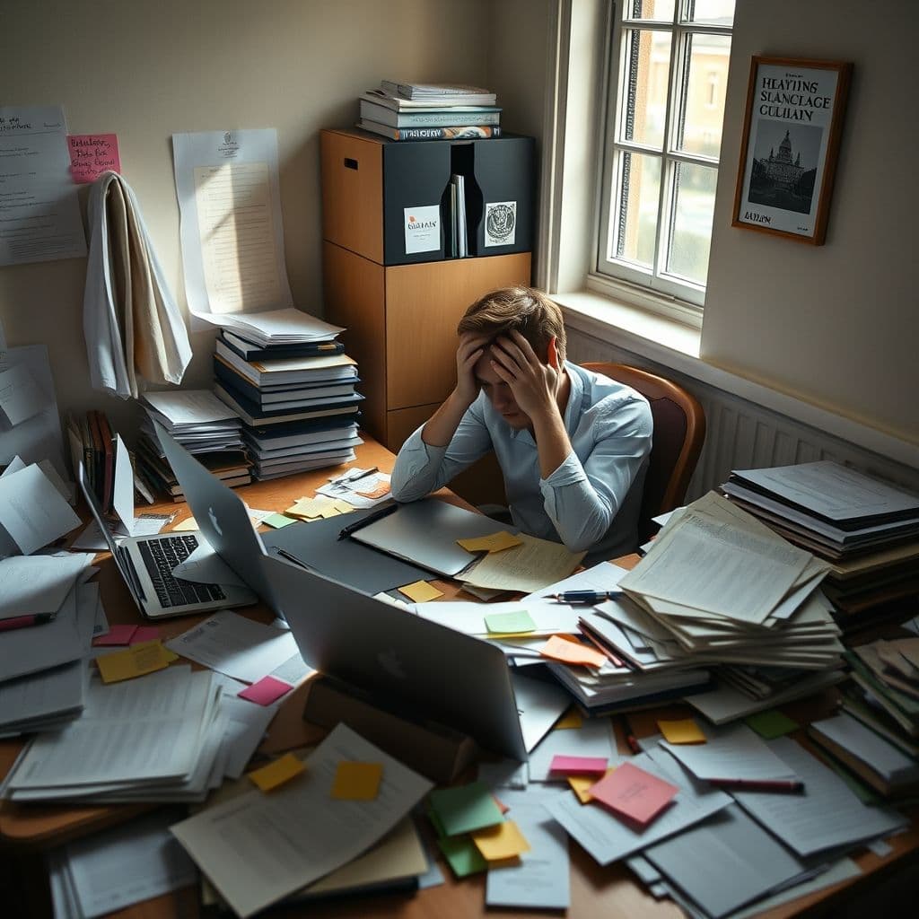 A cluttered desk with papers, sticky notes, and a stressed student.