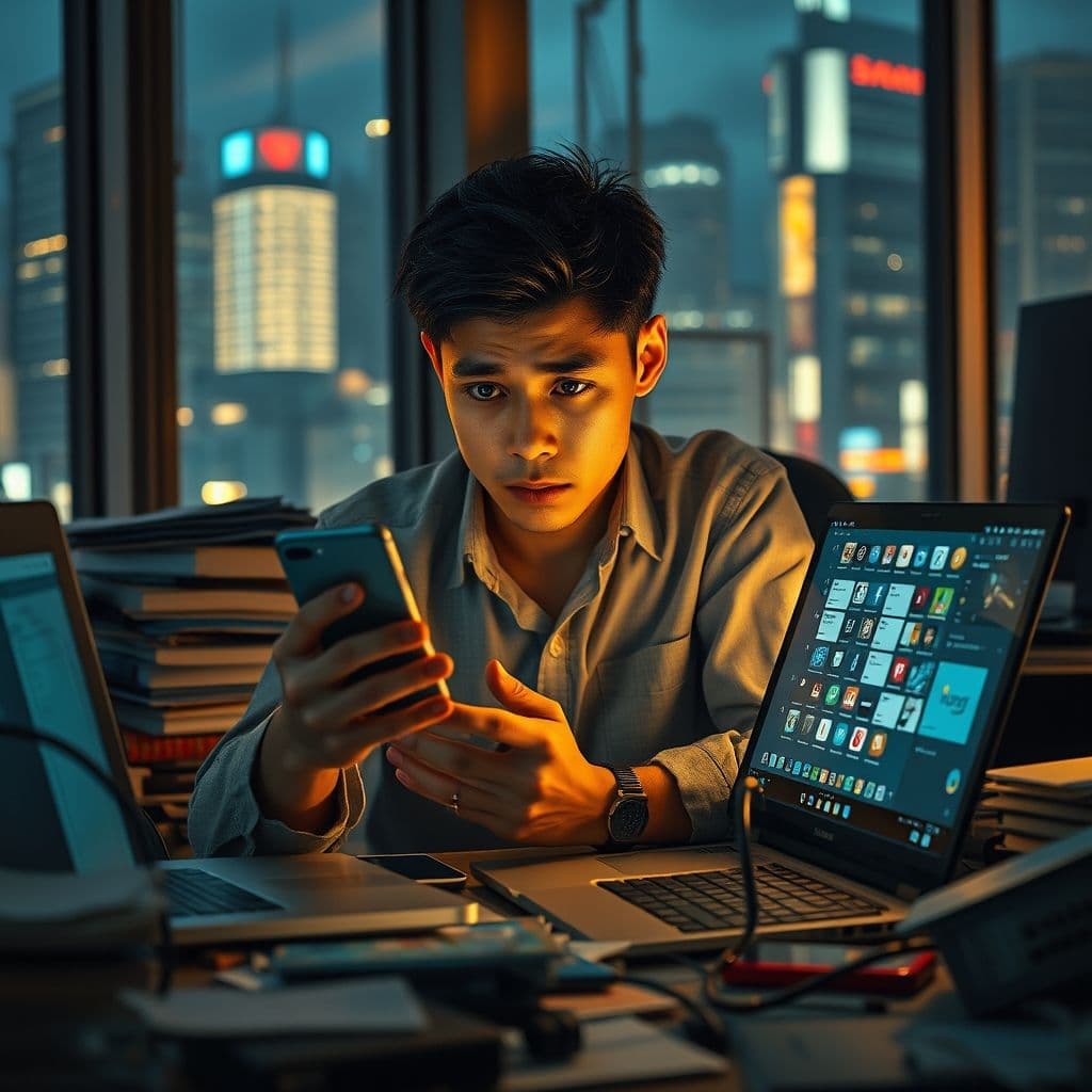 A frustrated user surrounded by multiple productivity apps on their devices.