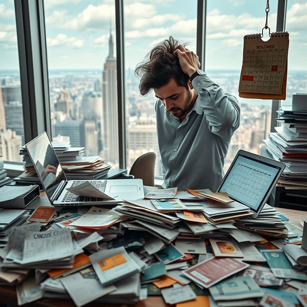 An entrepreneur overwhelmed by multiple business tasks.
