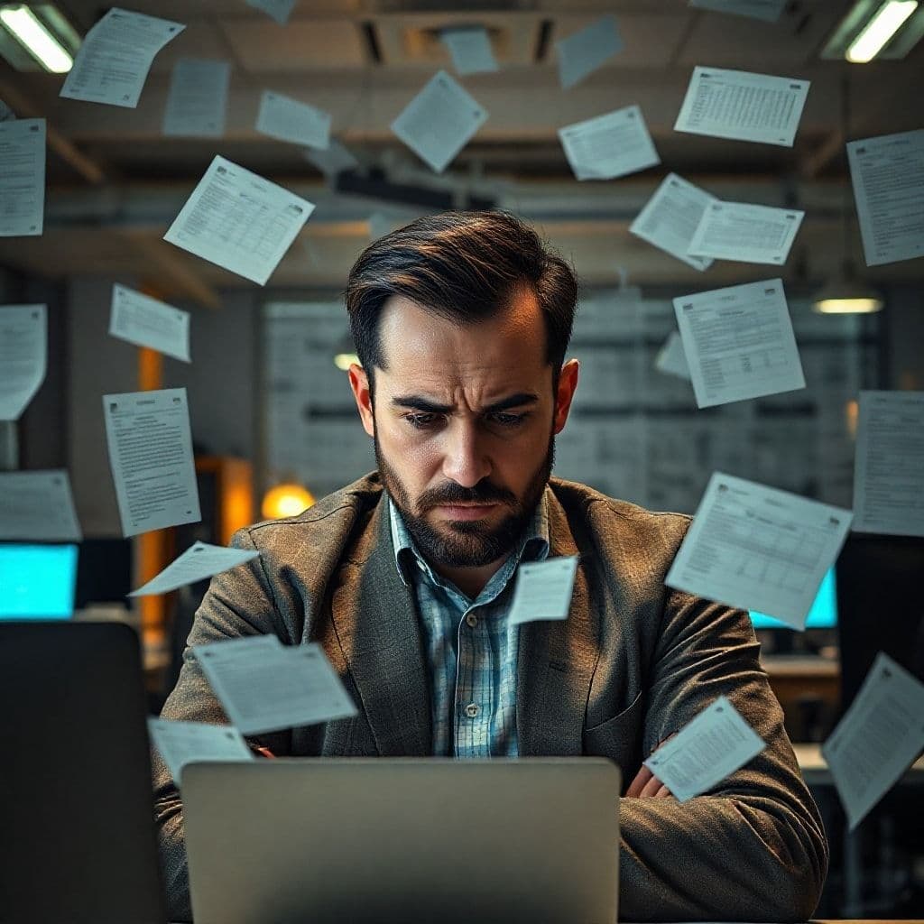 Frustrated entrepreneur surrounded by outdated lead generation methods