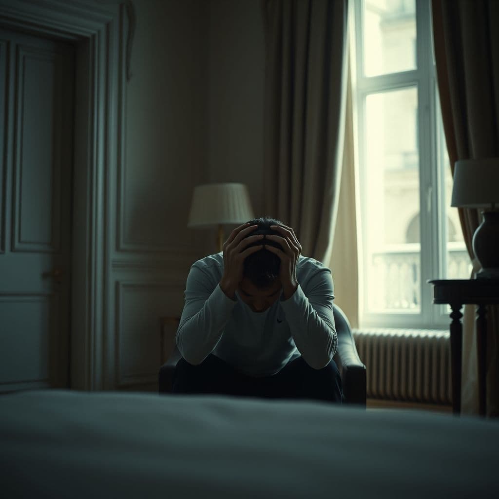 A person sitting alone, looking stressed and overwhelmed, with a dimly lit room in the background.