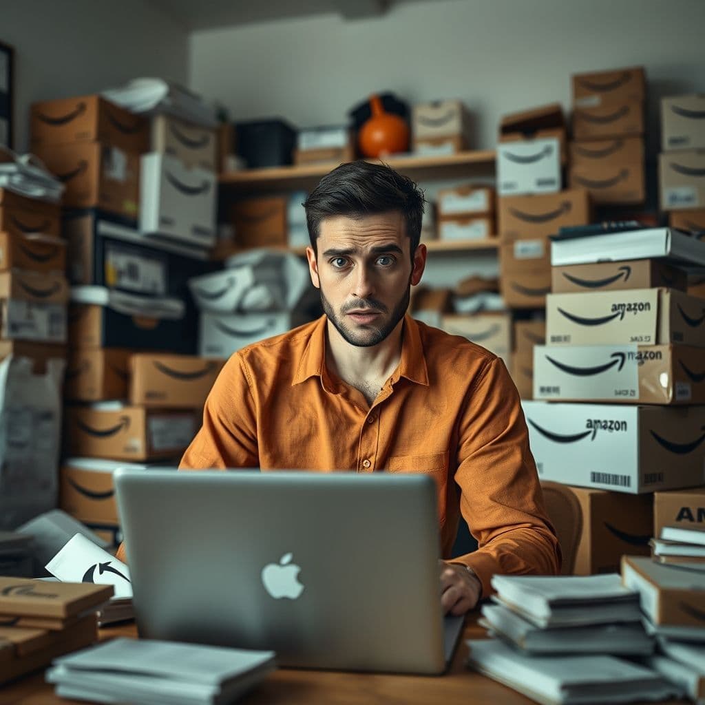 A frustrated Amazon FBA seller surrounded by boxes and inventory, looking at a laptop screen.