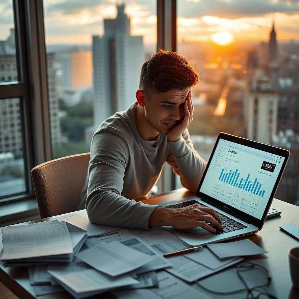 A person stressed over financial documents with a laptop showing a debt management dashboard.