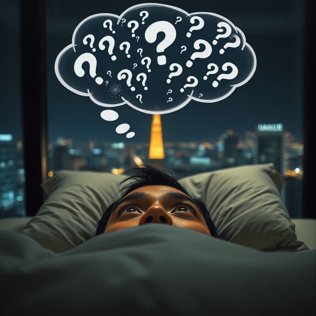 A person struggling to sleep due to overthinking, with a thought bubble filled with chaotic thoughts.