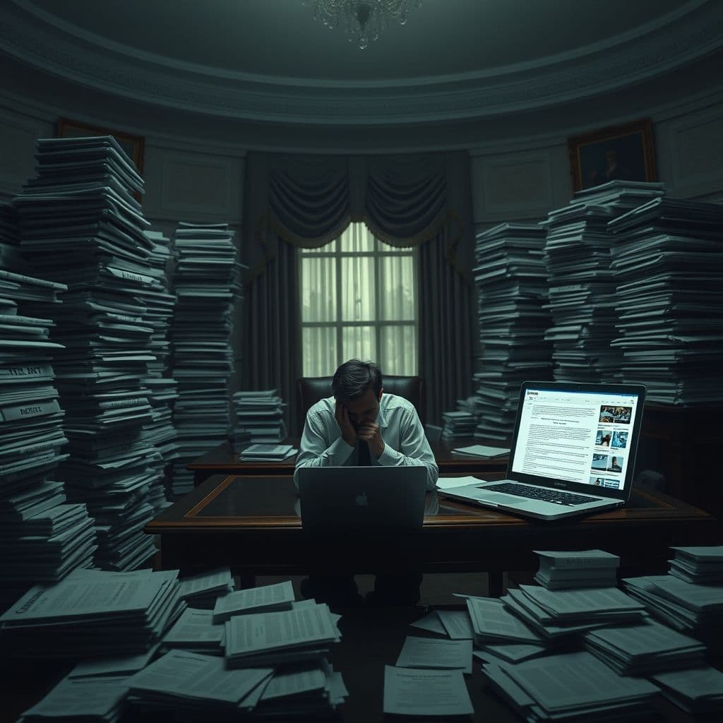 A person overwhelmed by paperwork related to debt and unemployment applications.