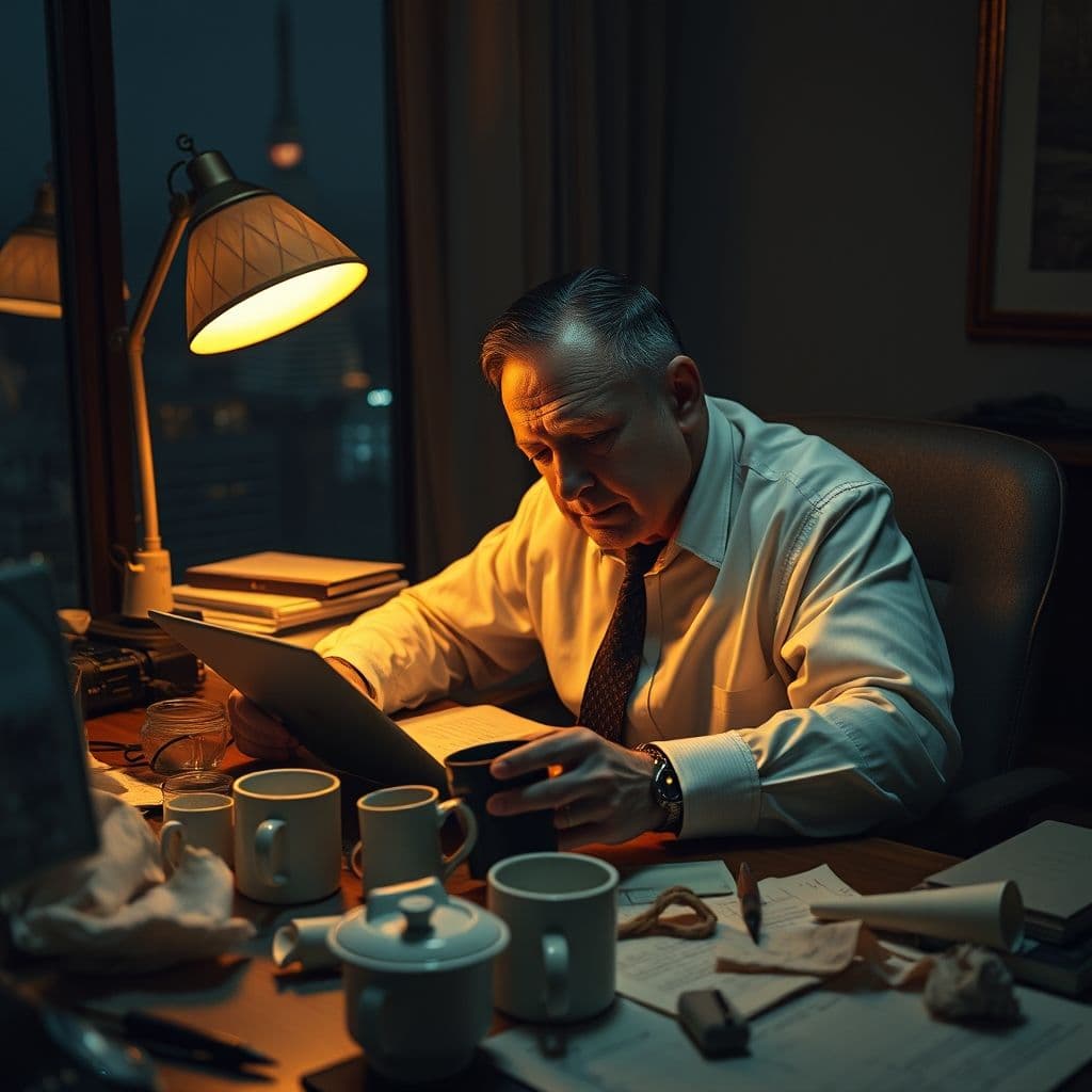 A frustrated e-commerce entrepreneur working late at night on a laptop.