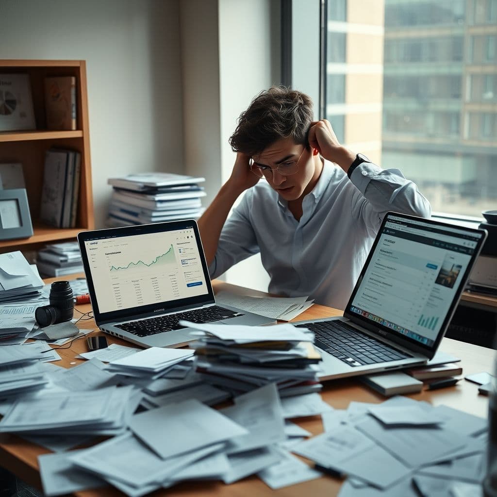 A cluttered desk with financial documents and a confused investor.