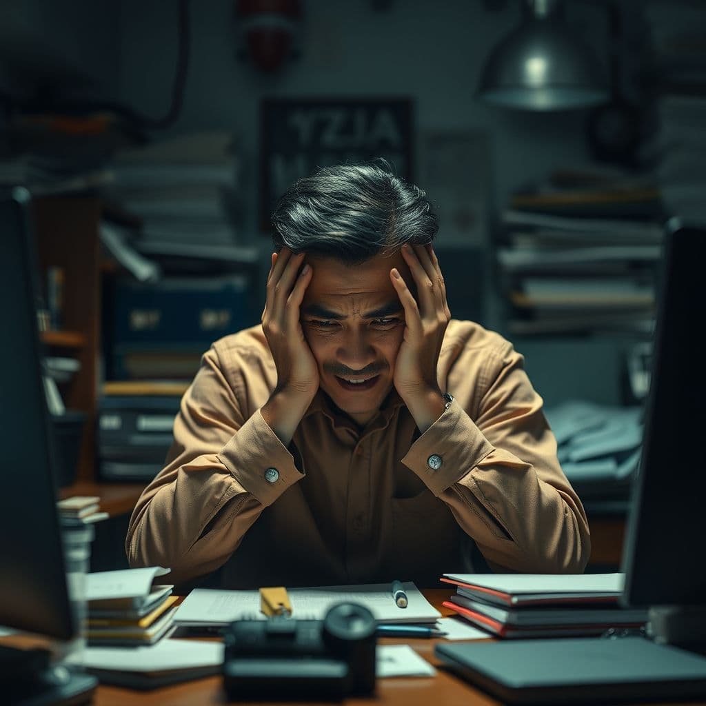 A tired small business owner sitting at a desk with a laptop, looking overwhelmed.