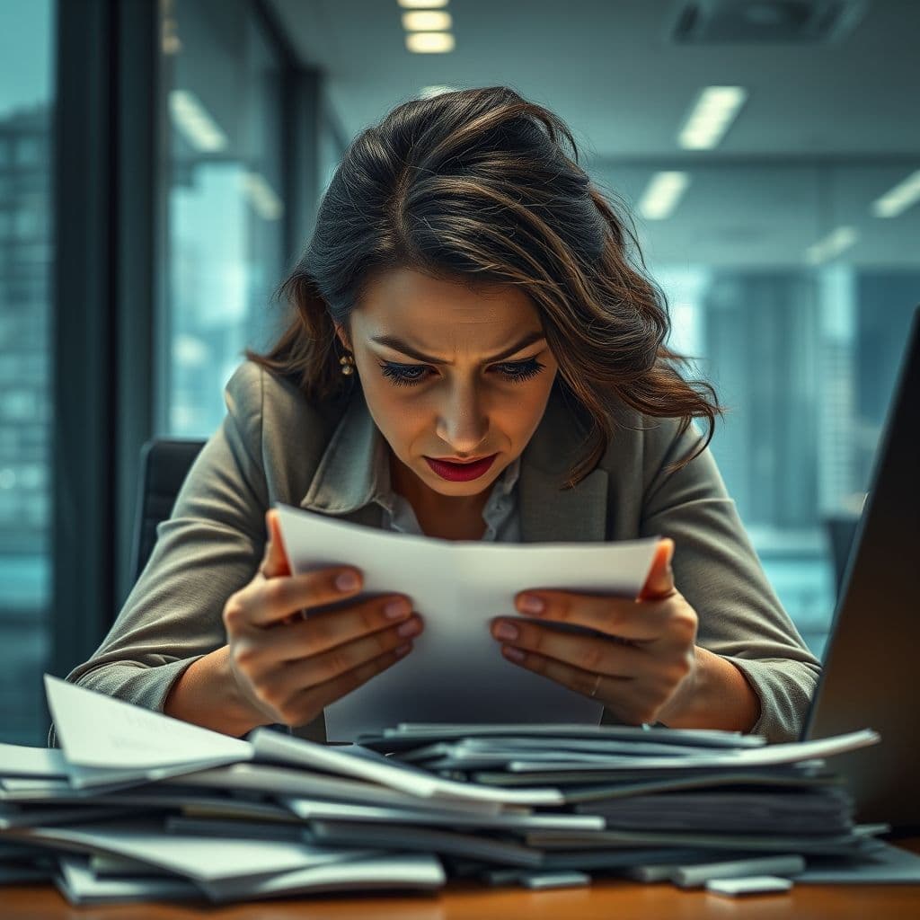 A frustrated professional struggling with disorganized meeting notes.