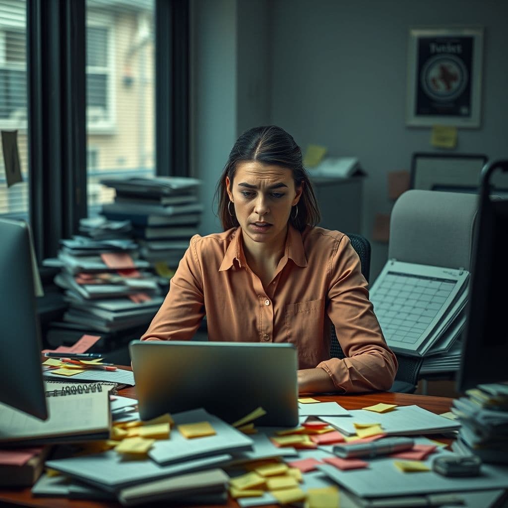 A stressed administrative assistant surrounded by sticky notes and calendars.
