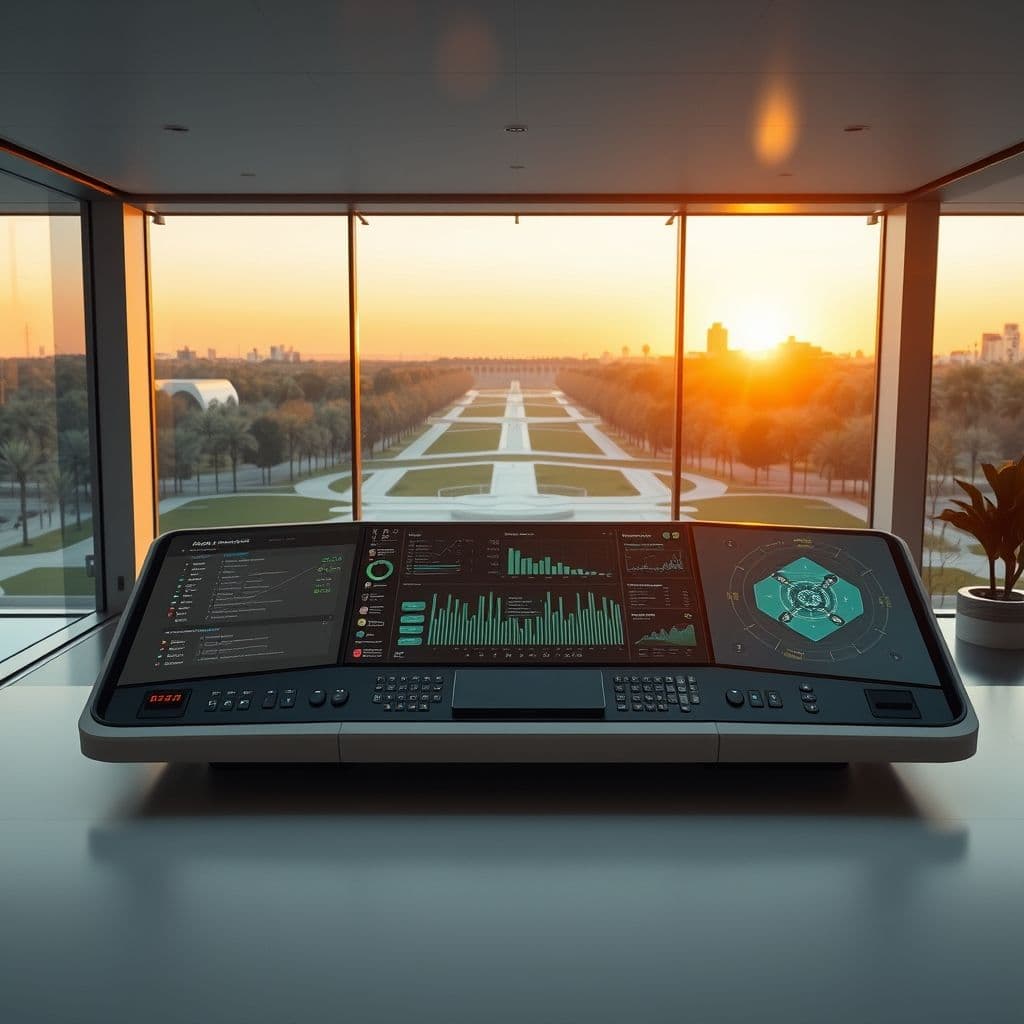 A futuristic dashboard showing customizable workflow automation tools for various industries.