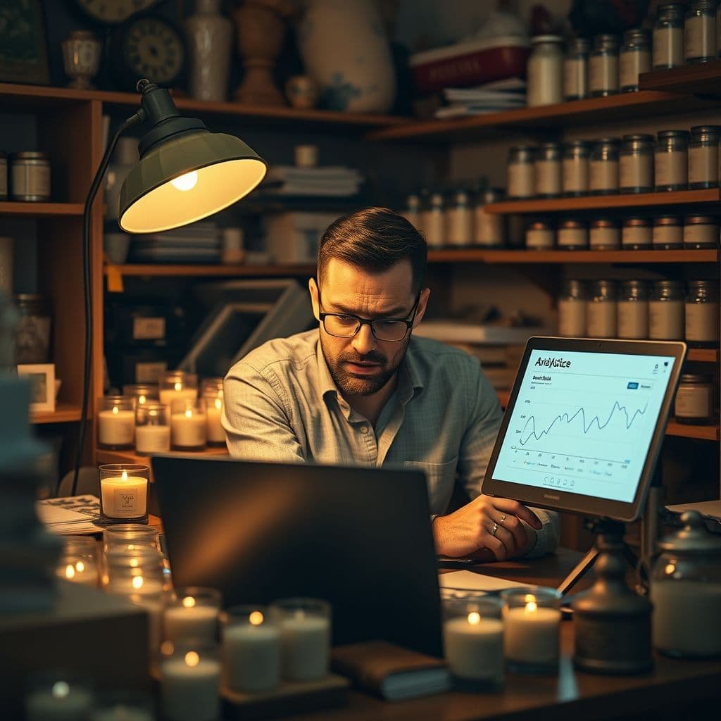 A small candle business owner looking at a laptop with frustration, surrounded by unsold candles.