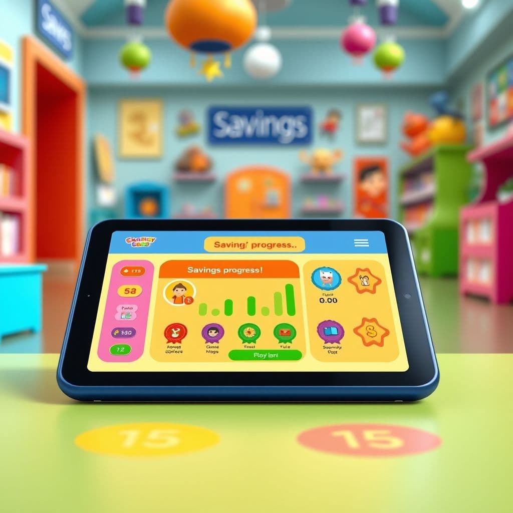 Conceptual interface of a kids' financial education app showing savings progress.
