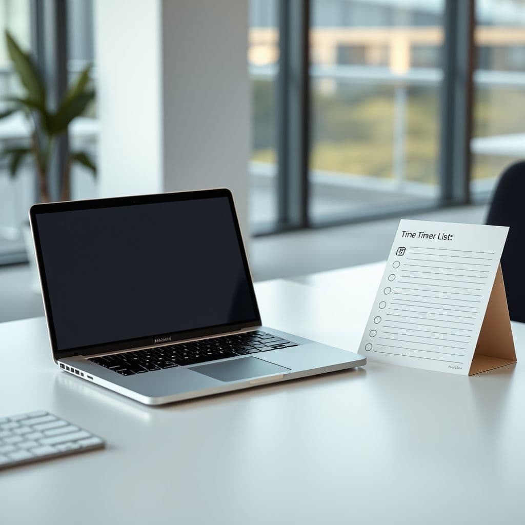 A modern workspace with a laptop, timer cube, and to-do list notepad, symbolizing productivity.