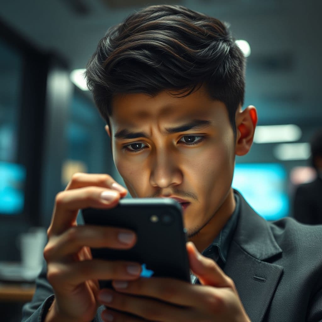 Frustrated iPhone user looking at low battery notification