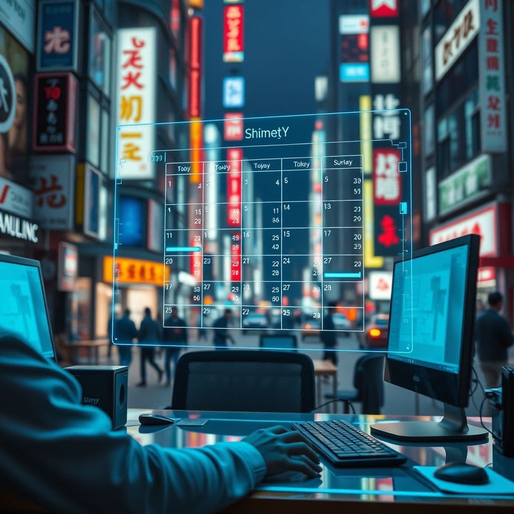 A futuristic AI assistant managing a digital calendar with optimized time slots.