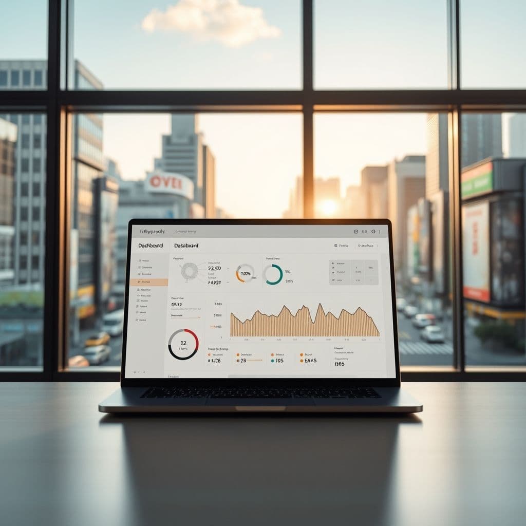 A sleek dashboard of a budgeting app showing spending trends and savings goals.