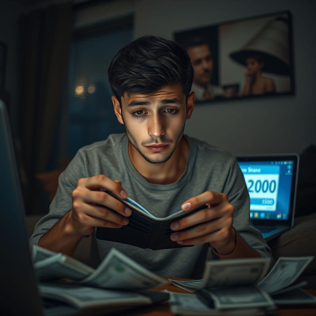 A frustrated person looking at their empty wallet with bills scattered around.