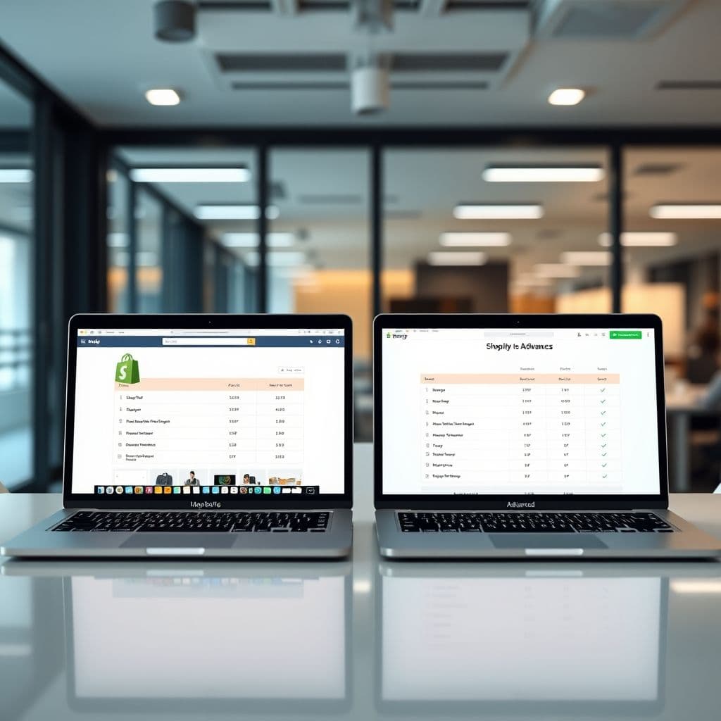 Side-by-side comparison of Shopify Basic and Advanced plans.
