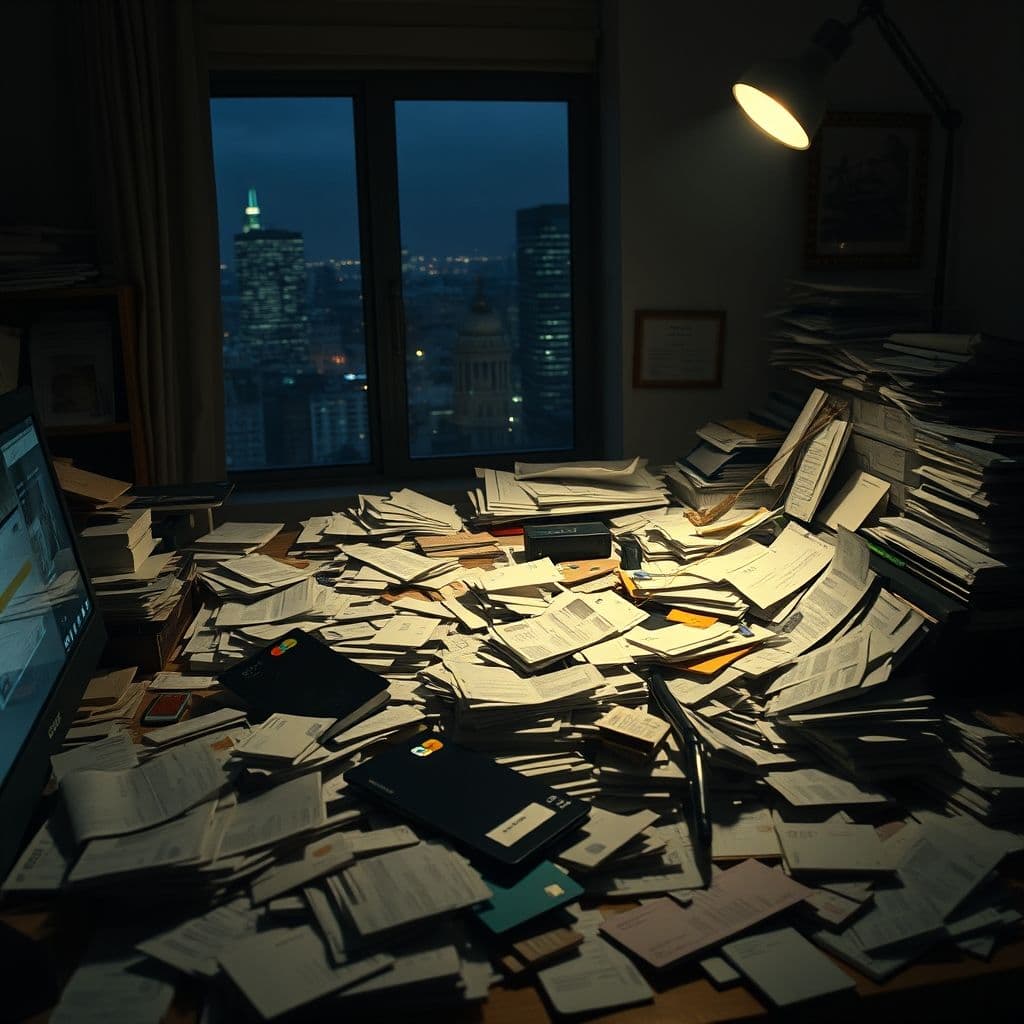 A person overwhelmed by stacks of credit card bills and statements.