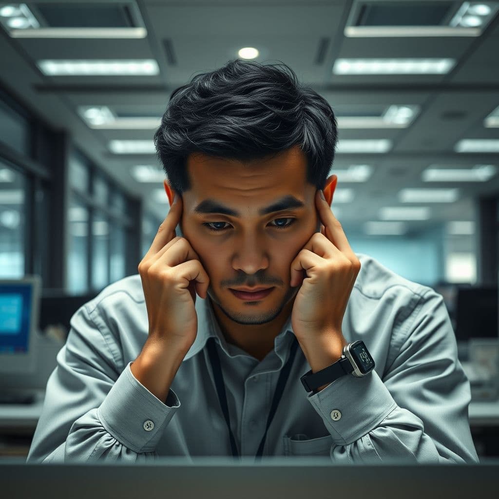 Stressed employee in an office with an exhausted expression.