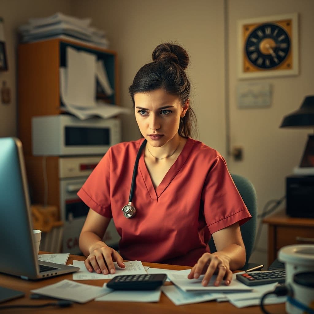 A nurse struggling to manage her finances with a pile of bills and a calculator.