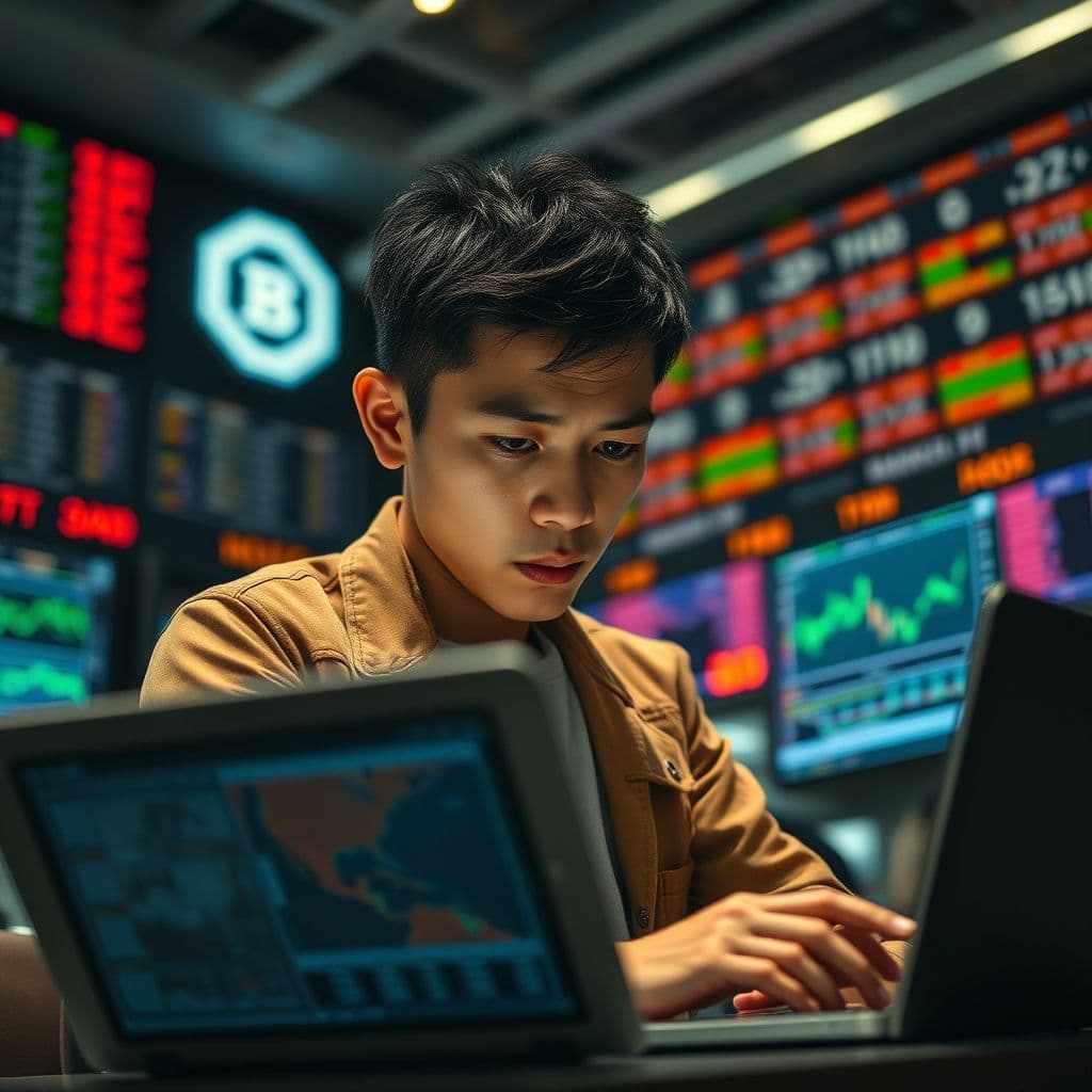 A frustrated young investor looking at confusing stock charts on a laptop screen.