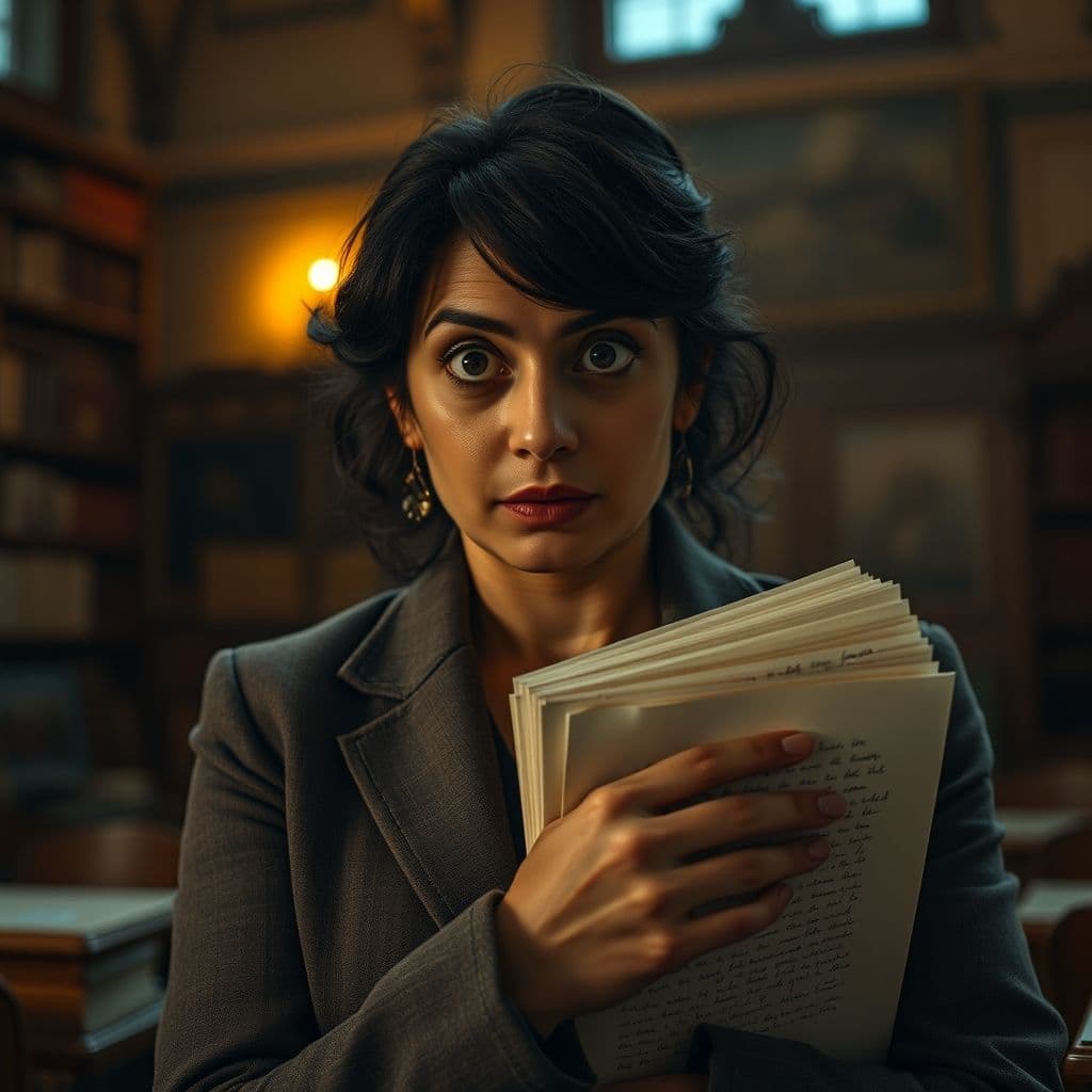 A frustrated teacher grading AI-generated essays with a shocked expression.